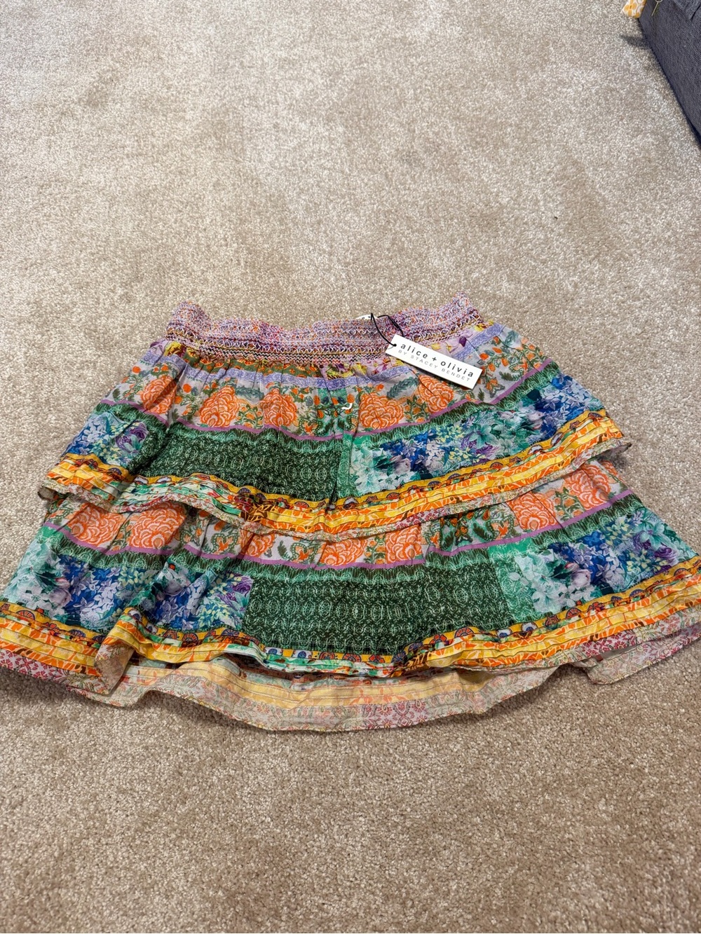 Alice + Olivia Green Orange Floral Tiered Skirt